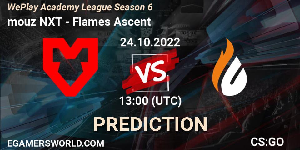 mouz NXT contre Flames Ascent : prédiction de match. 24.10.2022 at 13:00. Counter-Strike (CS2), WePlay Academy League Season 6