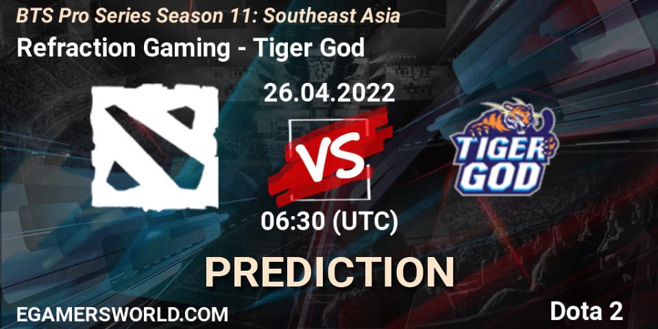 Refraction Gaming contre Tiger God : prédiction de match. 26.04.2022 at 06:30. Dota 2, BTS Pro Series Season 11: Southeast Asia