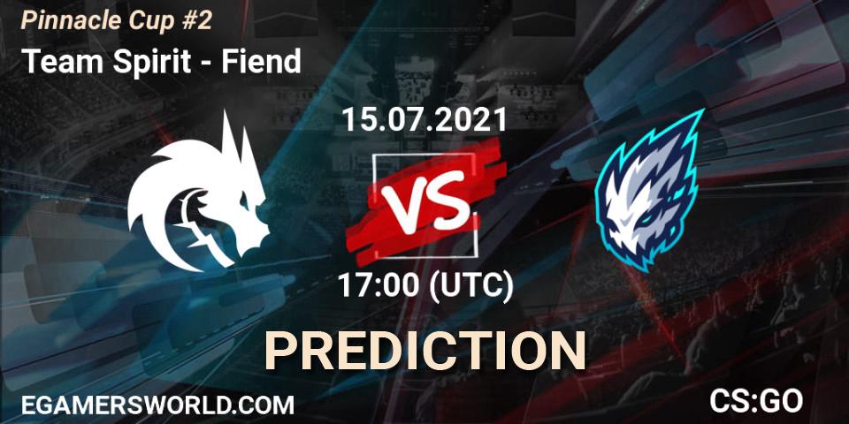 Team Spirit contre Fiend : prédiction de match. 15.07.2021 at 17:00. Counter-Strike (CS2), Pinnacle Cup #2