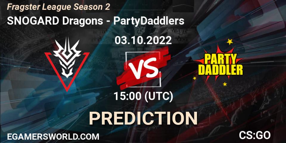 SNOGARD Dragons contre PartyDaddlers : prédiction de match. 03.10.2022 at 15:00. Counter-Strike (CS2), Fragster League Season 2
