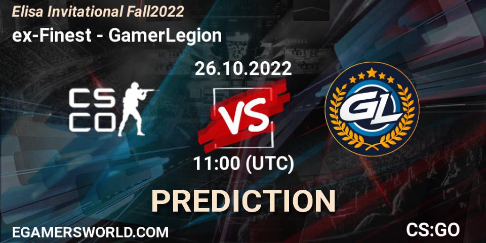 ex-Finest contre GamerLegion : prédiction de match. 26.10.2022 at 11:00. Counter-Strike (CS2), Elisa Invitational Fall 2022