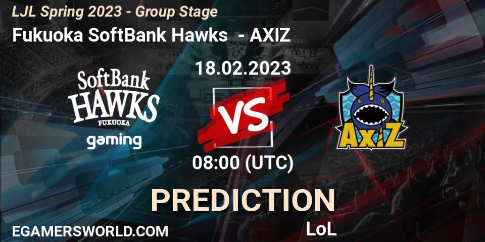 Fukuoka SoftBank Hawks contre AXIZ : prédiction de match. 18.02.2023 at 08:00. LoL, LJL Spring 2023 - Group Stage