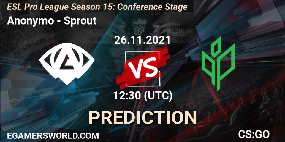Anonymo contre Sprout : prédiction de match. 26.11.2021 at 12:30. Counter-Strike (CS2), ESL Pro League Season 15: Conference Stage