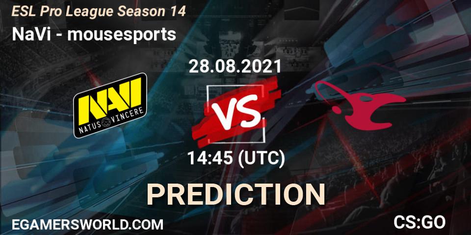 NaVi contre mousesports : prédiction de match. 28.08.2021 at 16:00. Counter-Strike (CS2), ESL Pro League Season 14