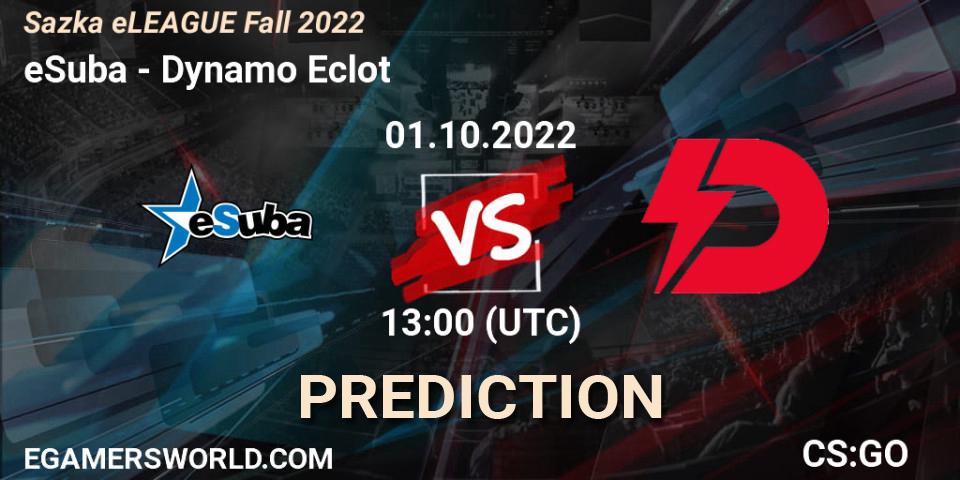 eSuba contre Dynamo Eclot : prédiction de match. 01.10.2022 at 12:05. Counter-Strike (CS2), Sazka eLEAGUE Fall 2022
