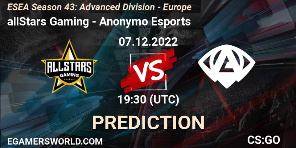 allStars Gaming contre Anonymo Esports : prédiction de match. 07.12.22. CS2 (CS:GO), ESEA Season 43: Advanced Division - Europe