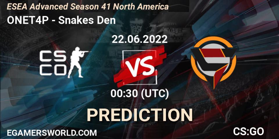 ONET4P contre Snakes Den : prédiction de match. 22.06.2022 at 00:30. Counter-Strike (CS2), ESEA Advanced Season 41 North America