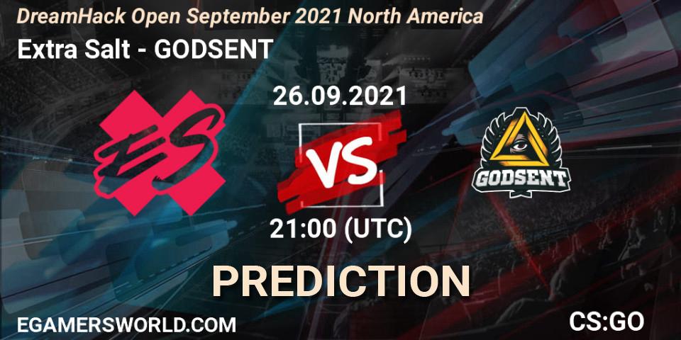 Extra Salt contre GODSENT : prédiction de match. 26.09.2021 at 21:25. Counter-Strike (CS2), DreamHack Open September 2021 North America