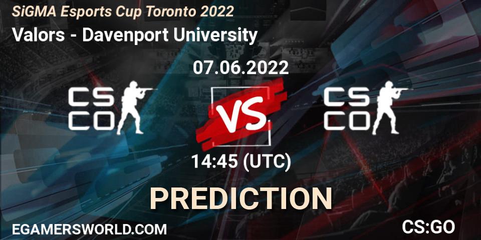 Valors contre Davenport University : prédiction de match. 07.06.2022 at 14:55. Counter-Strike (CS2), SiGMA Esports Cup Toronto 2022