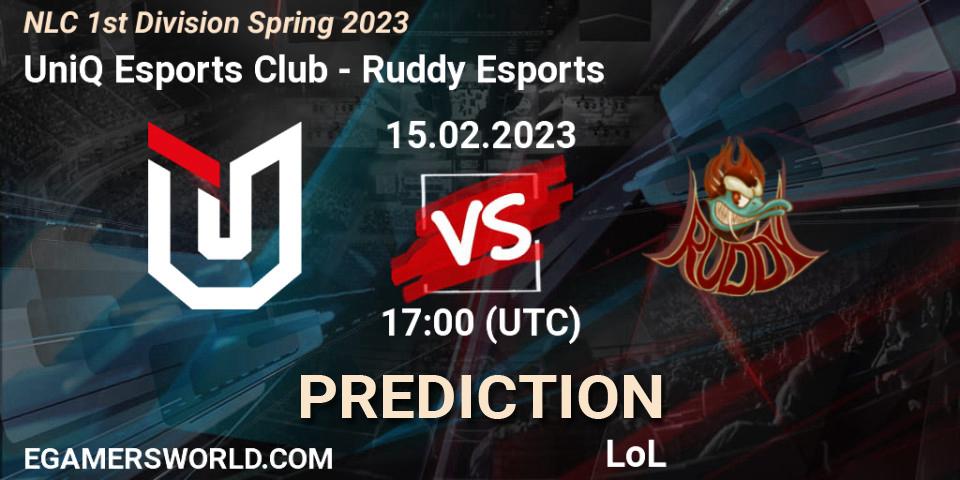UniQ Esports Club contre Ruddy Esports : prédiction de match. 15.02.2023 at 17:00. LoL, NLC 1st Division Spring 2023