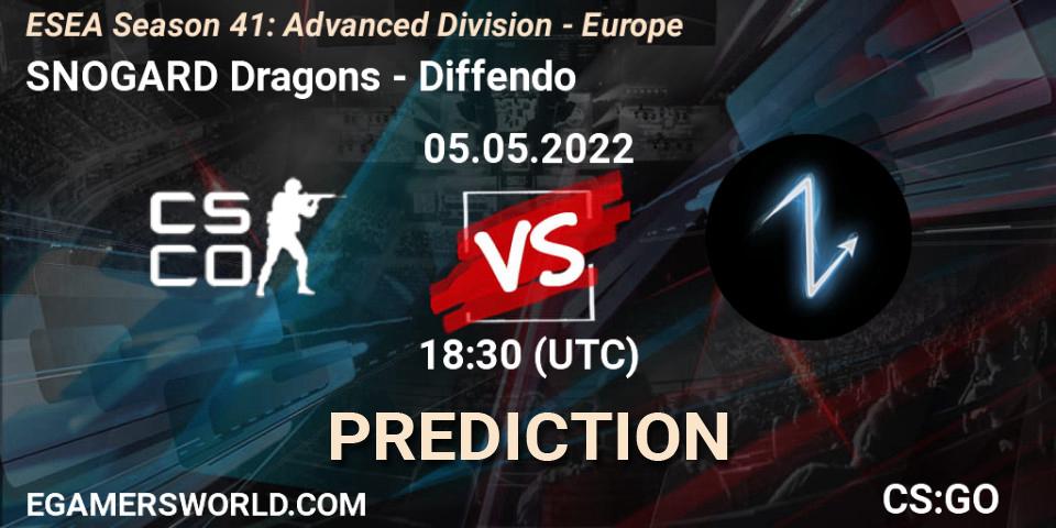 SNOGARD Dragons contre Diffendo : prédiction de match. 05.05.2022 at 18:30. Counter-Strike (CS2), ESEA Season 41: Advanced Division - Europe