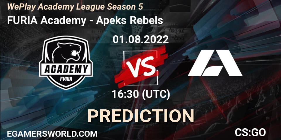 FURIA Academy contre Apeks Rebels : prédiction de match. 01.08.2022 at 16:25. Counter-Strike (CS2), WePlay Academy League Season 5
