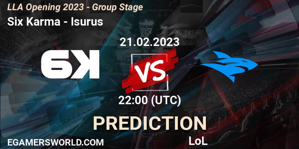 Six Karma contre Isurus : prédiction de match. 21.02.2023 at 22:00. LoL, LLA Opening 2023 - Group Stage