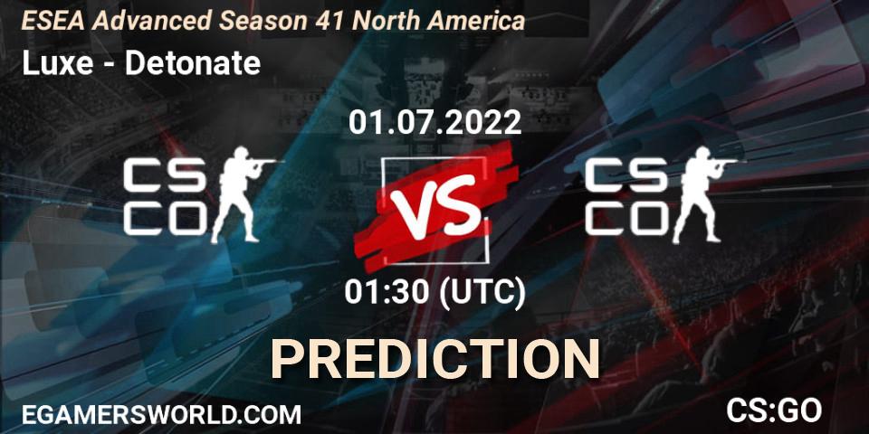 Luxe contre Detonate : prédiction de match. 01.07.2022 at 00:30. Counter-Strike (CS2), ESEA Advanced Season 41 North America