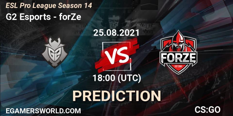 G2 Esports contre forZe : prédiction de match. 25.08.2021 at 20:15. Counter-Strike (CS2), ESL Pro League Season 14
