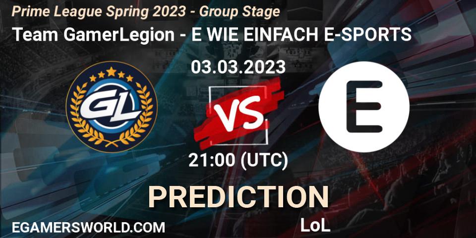 Team GamerLegion contre E WIE EINFACH E-SPORTS : prédiction de match. 03.03.2023 at 18:00. LoL, Prime League Spring 2023 - Group Stage