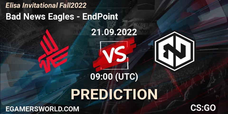 Bad News Eagles contre EndPoint : prédiction de match. 21.09.2022 at 09:00. Counter-Strike (CS2), Elisa Invitational Fall 2022
