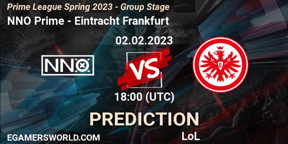 NNO Prime contre Eintracht Frankfurt : prédiction de match. 02.02.2023 at 20:00. LoL, Prime League Spring 2023 - Group Stage