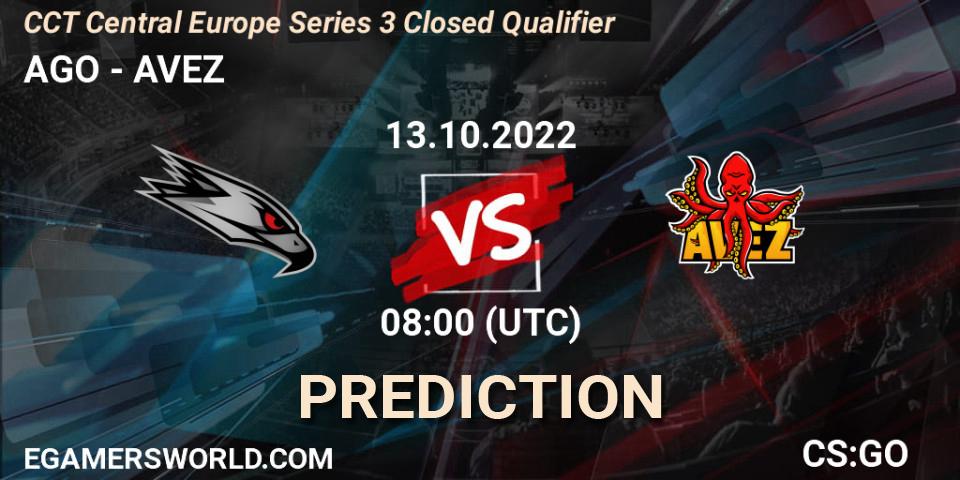 AGO contre AVEZ : prédiction de match. 13.10.2022 at 08:00. Counter-Strike (CS2), CCT Central Europe Series 3 Closed Qualifier