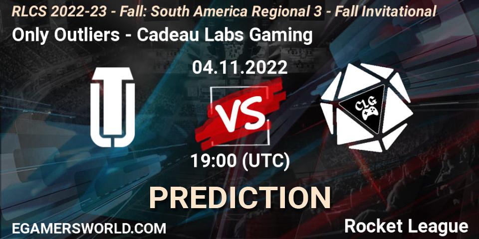 Only Outliers contre Cadeau Labs Gaming : prédiction de match. 04.11.2022 at 19:00. Rocket League, RLCS 2022-23 - Fall: South America Regional 3 - Fall Invitational