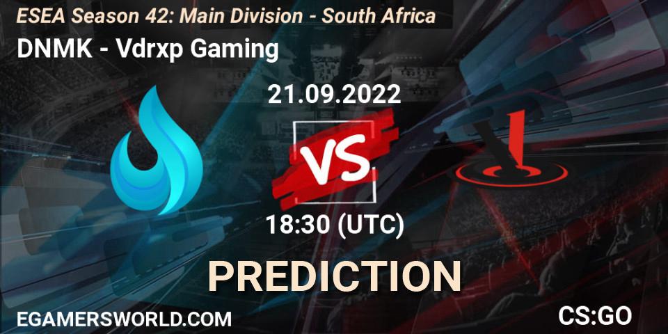 DNMK contre Vdrxp Gaming : prédiction de match. 22.09.2022 at 18:00. Counter-Strike (CS2), ESEA Season 42: Main Division - South Africa