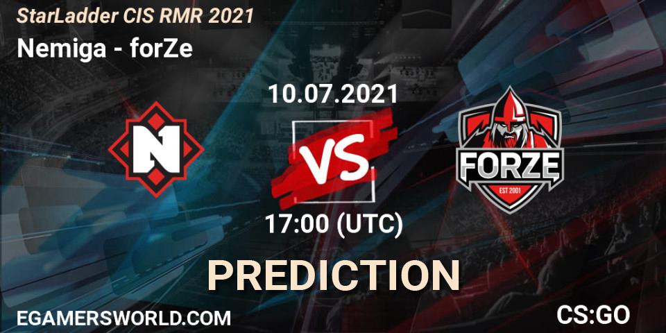Nemiga contre forZe : prédiction de match. 01.07.2021 at 17:00. Counter-Strike (CS2), StarLadder CIS RMR 2021