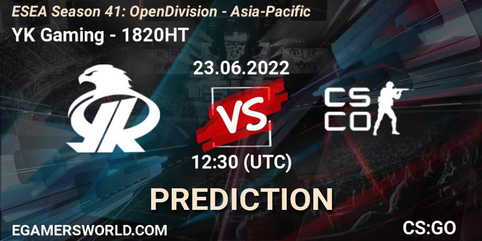 YK Gaming contre 1820HT : prédiction de match. 23.06.2022 at 12:30. Counter-Strike (CS2), ESEA Season 41: Open Division - Asia-Pacific