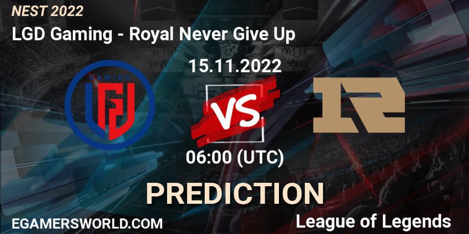 LGD Gaming contre Royal Never Give Up : prédiction de match. 15.11.2022 at 06:00. LoL, NEST 2022