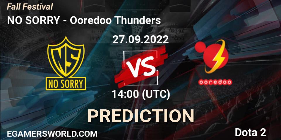NO SORRY contre Ooredoo Thunders : prédiction de match. 27.09.2022 at 14:08. Dota 2, Fall Festival