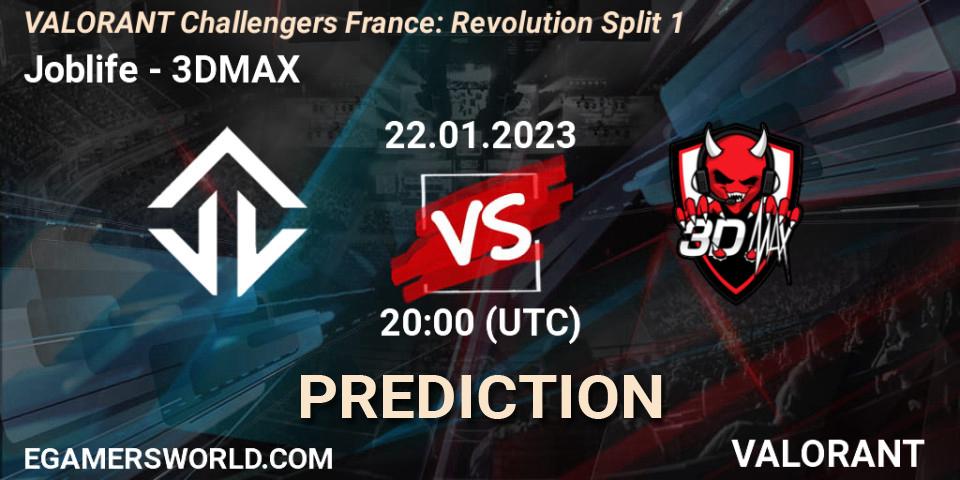 Joblife contre 3DMAX : prédiction de match. 22.01.2023 at 20:25. VALORANT, VALORANT Challengers 2023 France: Revolution Split 1