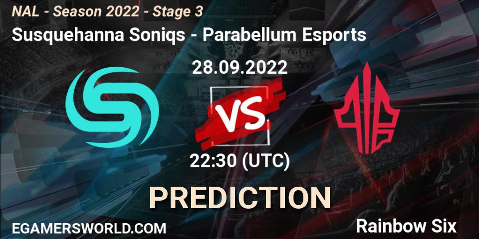 Susquehanna Soniqs contre Parabellum Esports : prédiction de match. 28.09.2022 at 22:30. Rainbow Six, NAL - Season 2022 - Stage 3