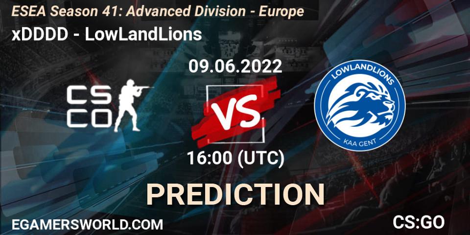 xDDDD contre LowLandLions : prédiction de match. 09.06.2022 at 16:00. Counter-Strike (CS2), ESEA Season 41: Advanced Division - Europe
