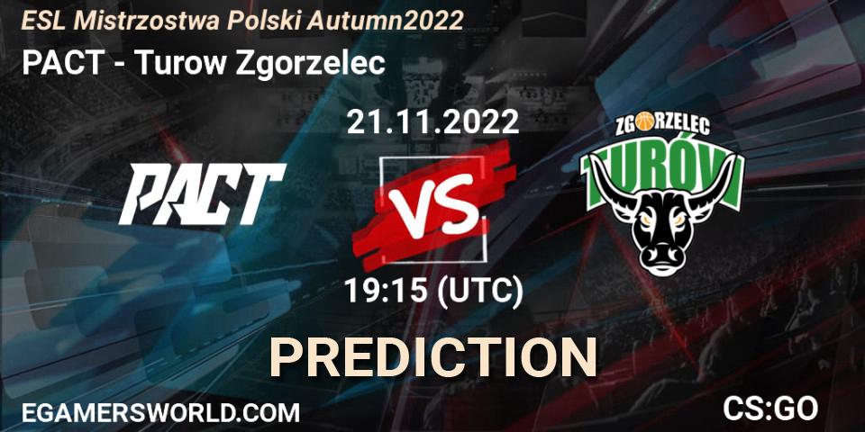 PACT contre Turow Zgorzelec : prédiction de match. 21.11.2022 at 19:15. Counter-Strike (CS2), ESL Mistrzostwa Polski Autumn 2022