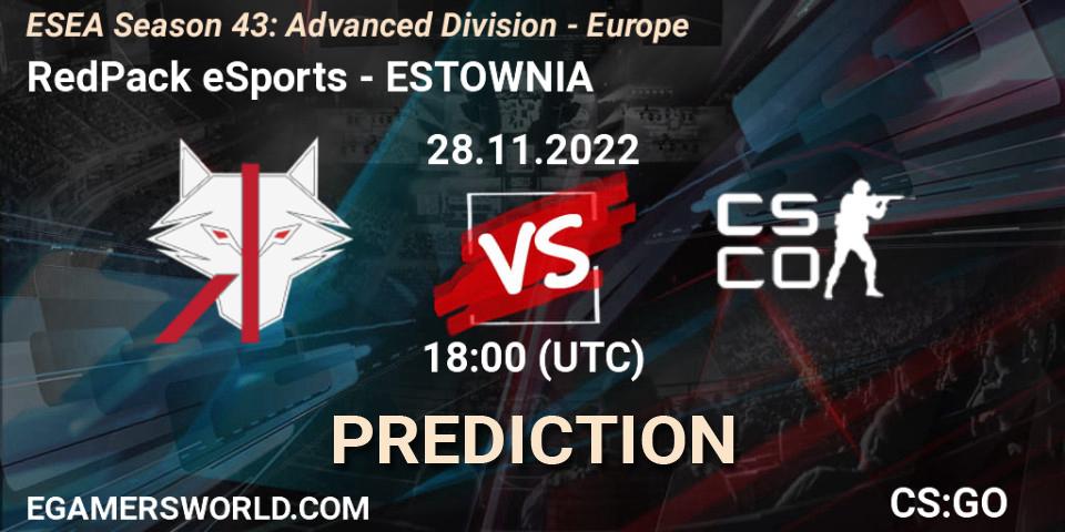 RedPack eSports contre ESTOWNIA : prédiction de match. 28.11.22. CS2 (CS:GO), ESEA Season 43: Advanced Division - Europe