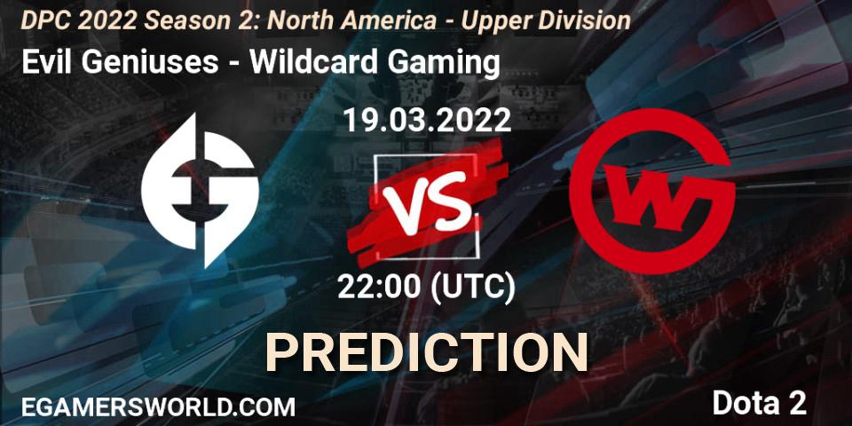 Evil Geniuses contre Wildcard Gaming : prédiction de match. 19.03.2022 at 22:56. Dota 2, DPC 2021/2022 Tour 2 (Season 2): NA Division I (Upper) - ESL One Spring 2022