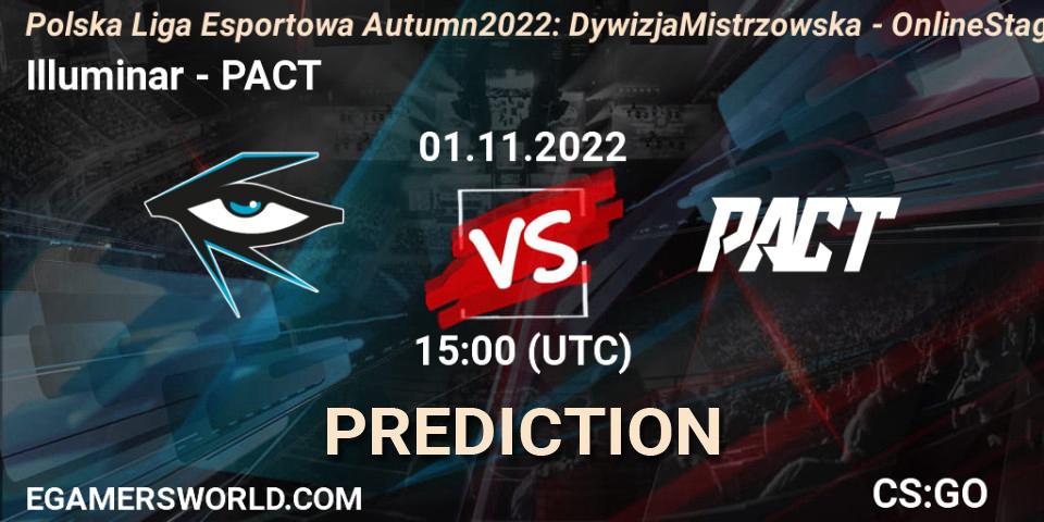 Illuminar contre PACT : prédiction de match. 01.11.2022 at 15:00. Counter-Strike (CS2), Polska Liga Esportowa Autumn 2022: Dywizja Mistrzowska - Online Stage