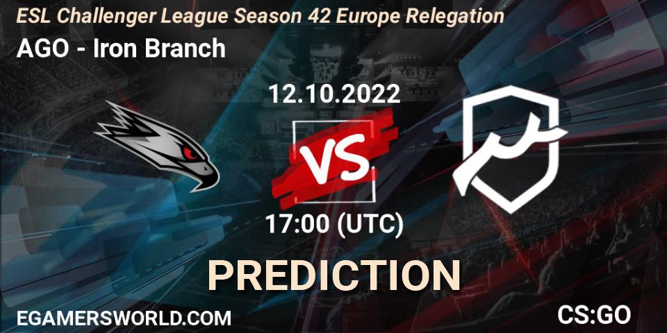 AGO contre Iron Branch : prédiction de match. 12.10.2022 at 17:00. Counter-Strike (CS2), ESL Challenger League Season 42 Europe Relegation