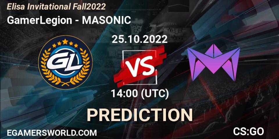 GamerLegion contre MASONIC : prédiction de match. 25.10.2022 at 14:30. Counter-Strike (CS2), Elisa Invitational Fall 2022