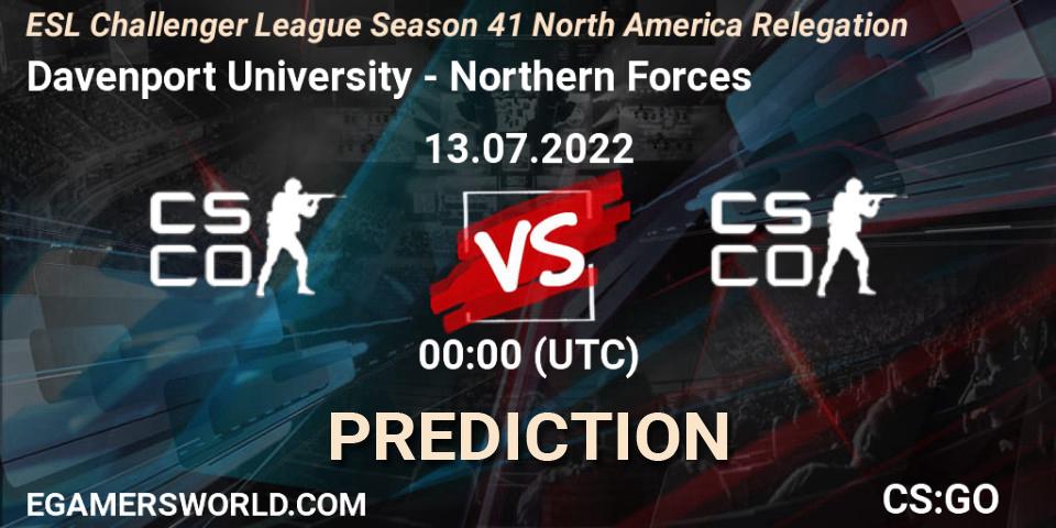 Davenport University contre Northern Forces : prédiction de match. 13.07.2022 at 00:00. Counter-Strike (CS2), ESL Challenger League Season 41 North America Relegation
