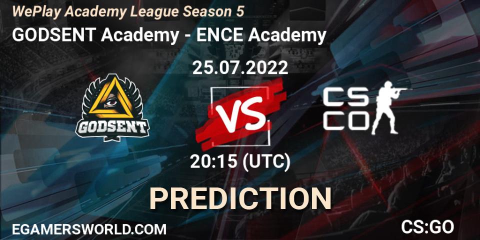 GODSENT Academy contre ENCE Academy : prédiction de match. 25.07.2022 at 20:15. Counter-Strike (CS2), WePlay Academy League Season 5