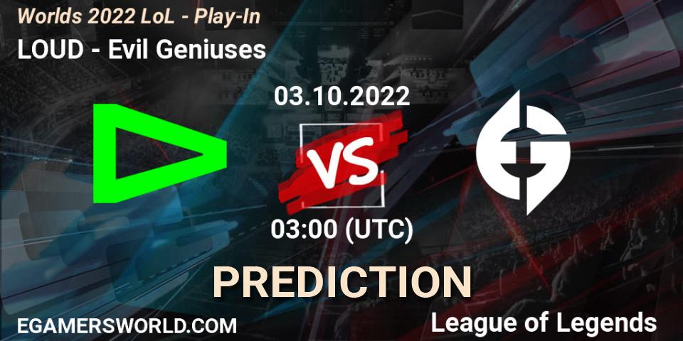 LOUD contre Evil Geniuses : prédiction de match. 03.10.2022 at 03:00. LoL, Worlds 2022 LoL - Play-In