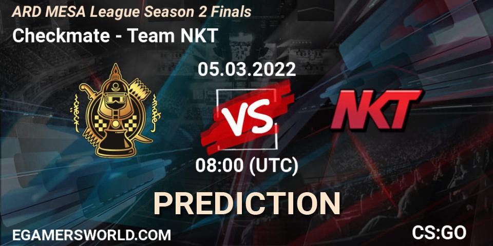 Checkmate contre Team NKT : prédiction de match. 05.03.2022 at 12:40. Counter-Strike (CS2), ARD MESA League Season 2 Finals