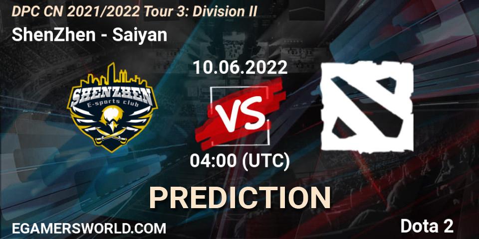 ShenZhen contre Saiyan : prédiction de match. 10.06.2022 at 04:17. Dota 2, DPC CN 2021/2022 Tour 3: Division II