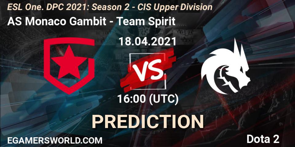 AS Monaco Gambit contre Team Spirit : prédiction de match. 18.04.2021 at 16:20. Dota 2, ESL One. DPC 2021: Season 2 - CIS Upper Division