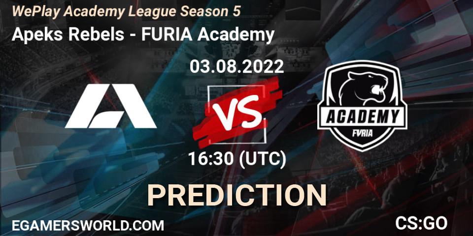 Apeks Rebels contre FURIA Academy : prédiction de match. 03.08.2022 at 16:30. Counter-Strike (CS2), WePlay Academy League Season 5