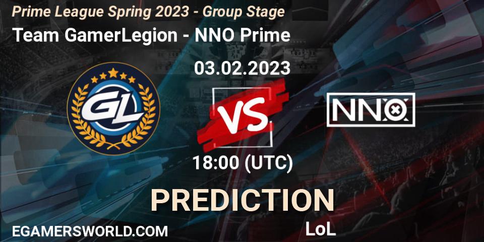 Team GamerLegion contre NNO Prime : prédiction de match. 03.02.2023 at 20:00. LoL, Prime League Spring 2023 - Group Stage