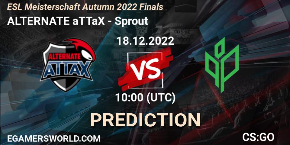 ALTERNATE aTTaX contre Sprout : prédiction de match. 18.12.2022 at 10:00. Counter-Strike (CS2), ESL Meisterschaft Autumn 2022 Finals