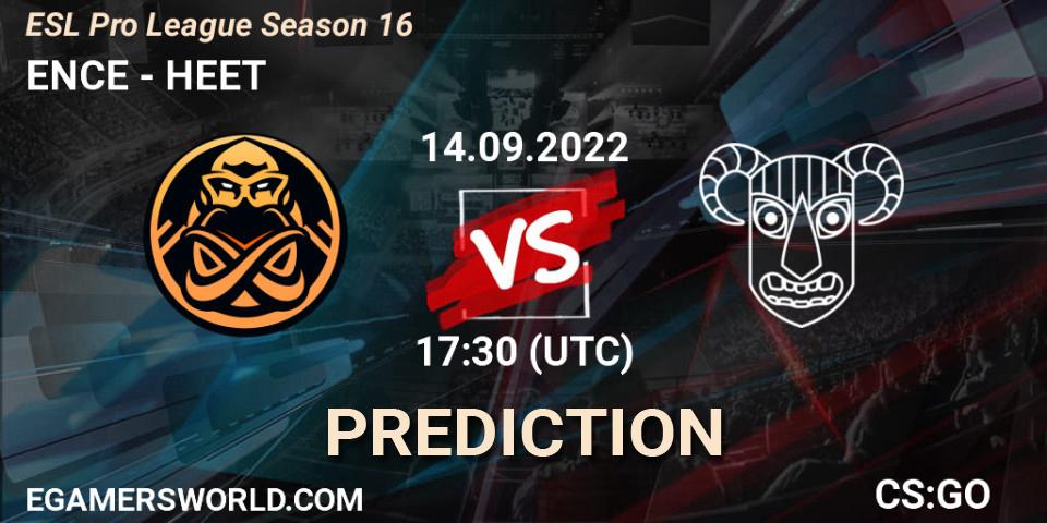ENCE contre HEET : prédiction de match. 14.09.2022 at 18:30. Counter-Strike (CS2), ESL Pro League Season 16