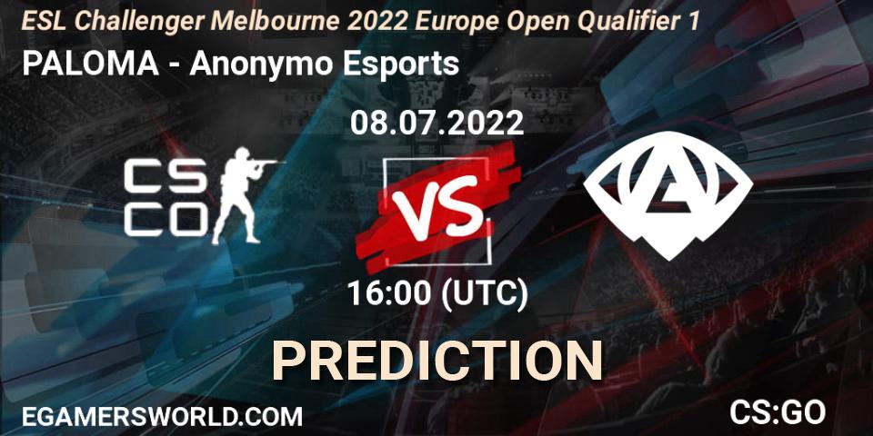 PALOMA contre Anonymo Esports : prédiction de match. 08.07.2022 at 16:00. Counter-Strike (CS2), ESL Challenger Melbourne 2022 Europe Open Qualifier 1