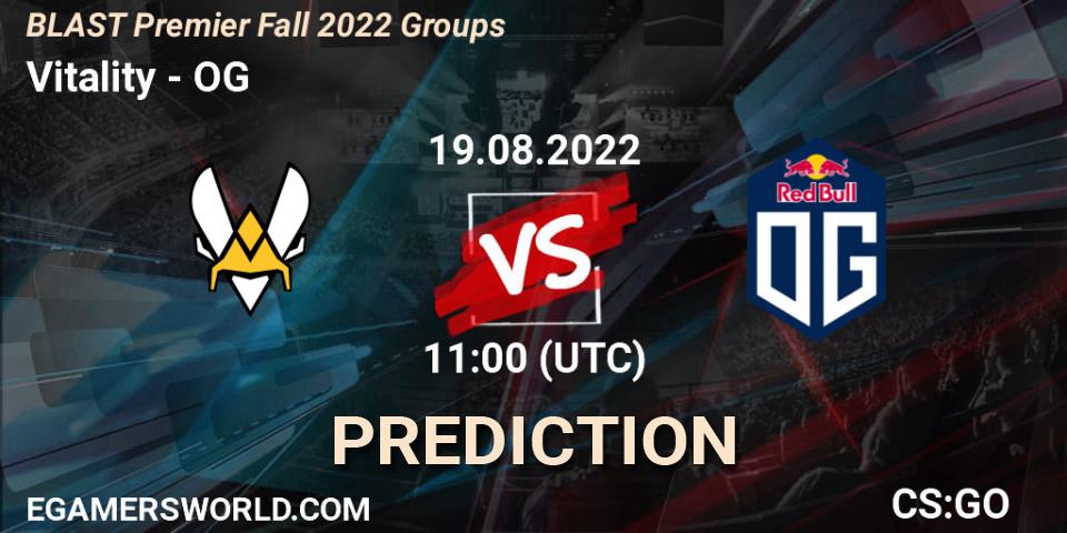 Vitality contre OG : prédiction de match. 19.08.2022 at 11:00. Counter-Strike (CS2), BLAST Premier Fall 2022 Groups